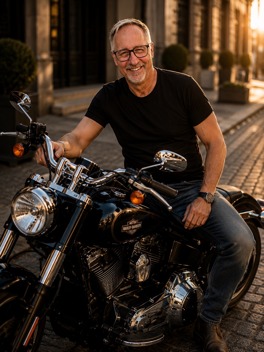 Portrait de Frédéric Bouzy sur une moto